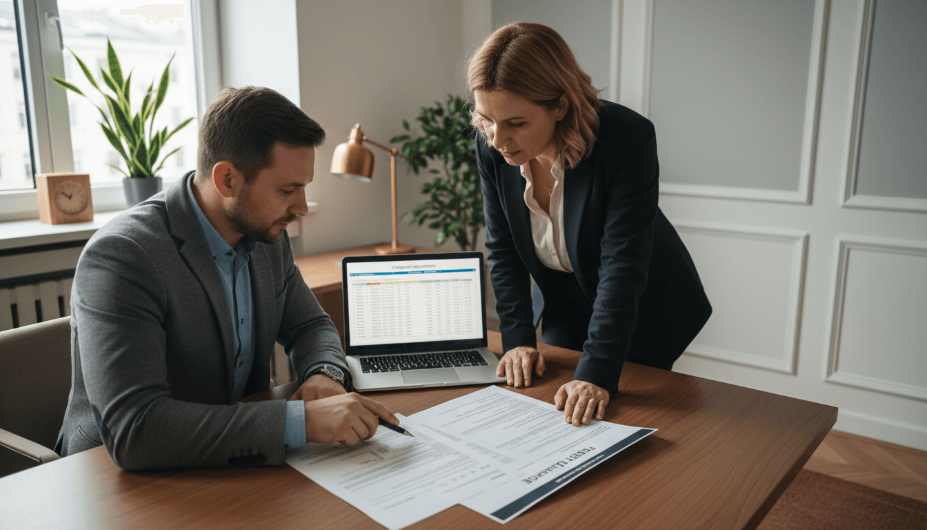Broker reviewing fleet coverage documents with a client at a desk
