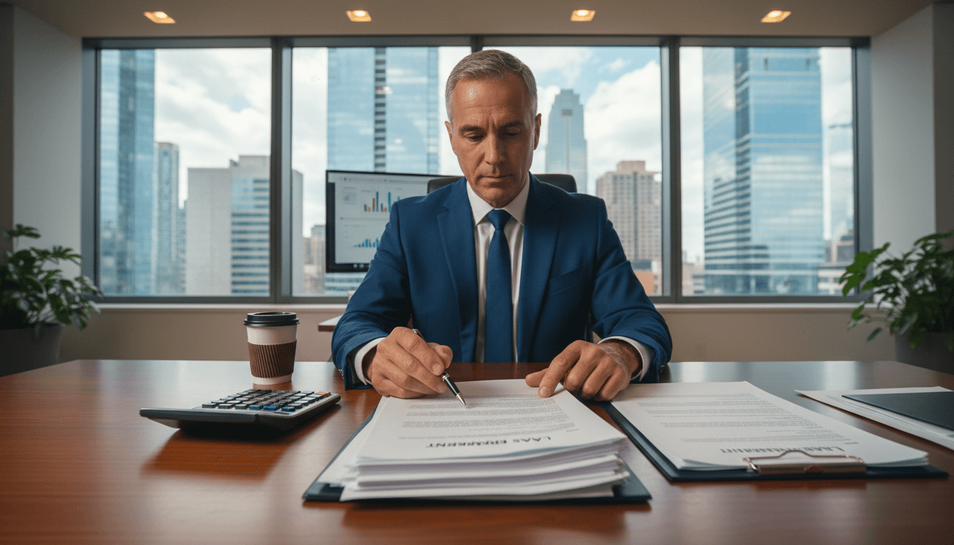 Financial advisor reviewing lease documents at a desk with a calculator