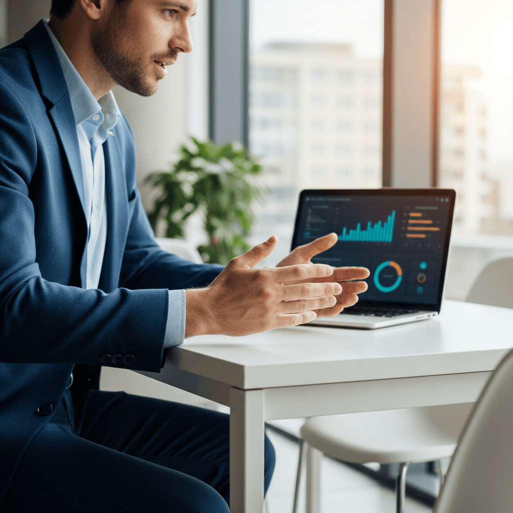 Business consultant discussing vehicle leasing options with a client at a desk in a bright office