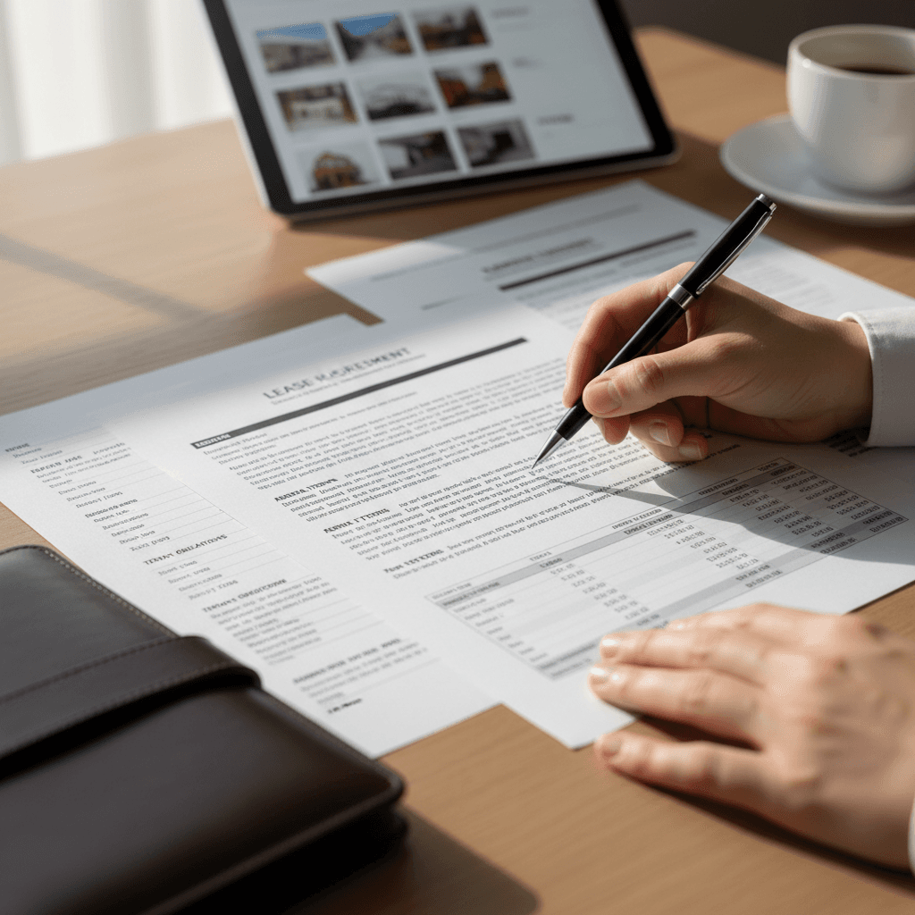 Professional in a modern office reviewing lease documents