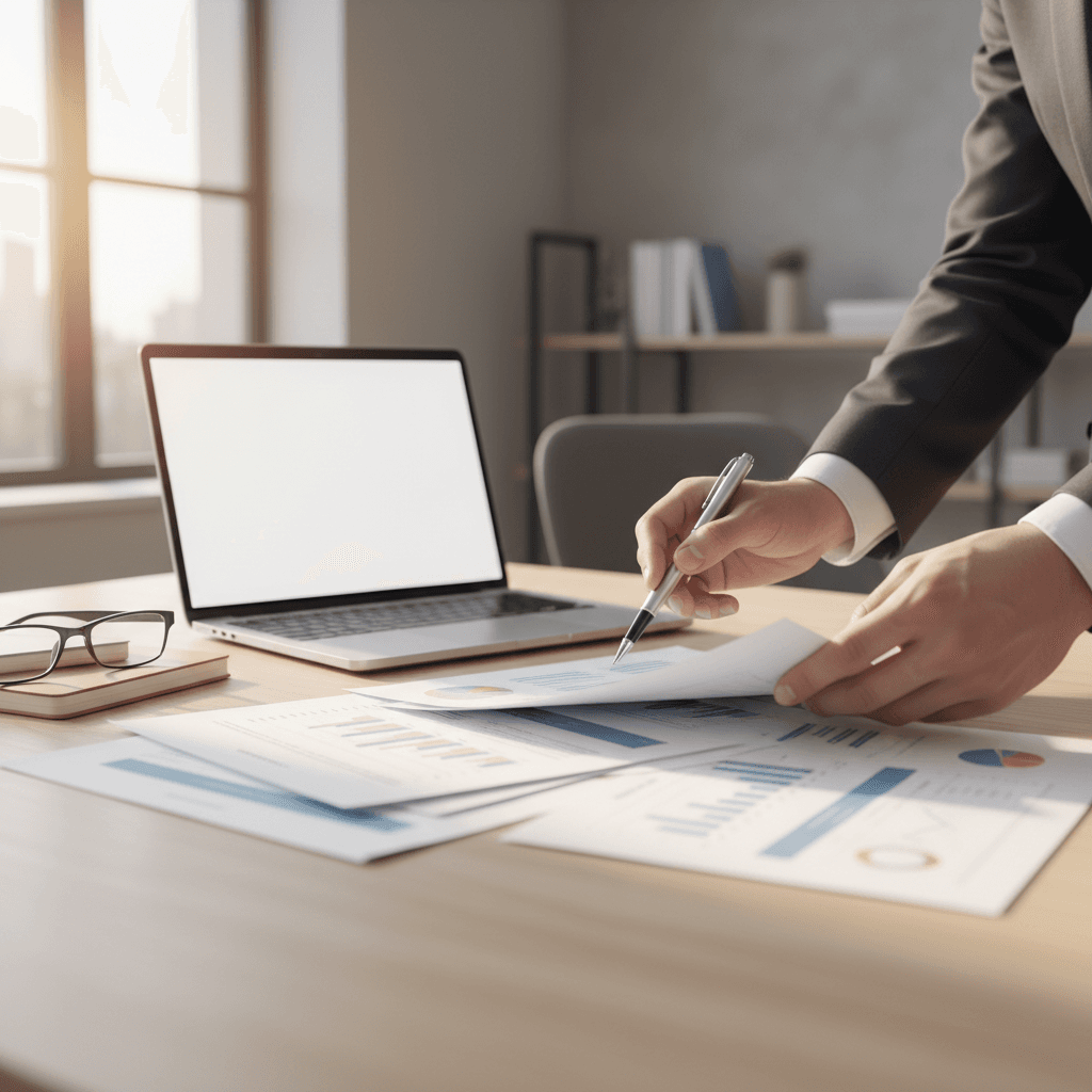 Business advisor reviewing leasing financial documents at a modern office desk