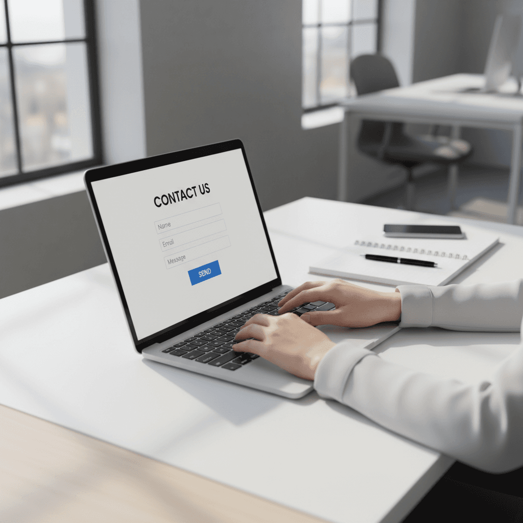 Professional completing a contact form on a laptop in a bright office