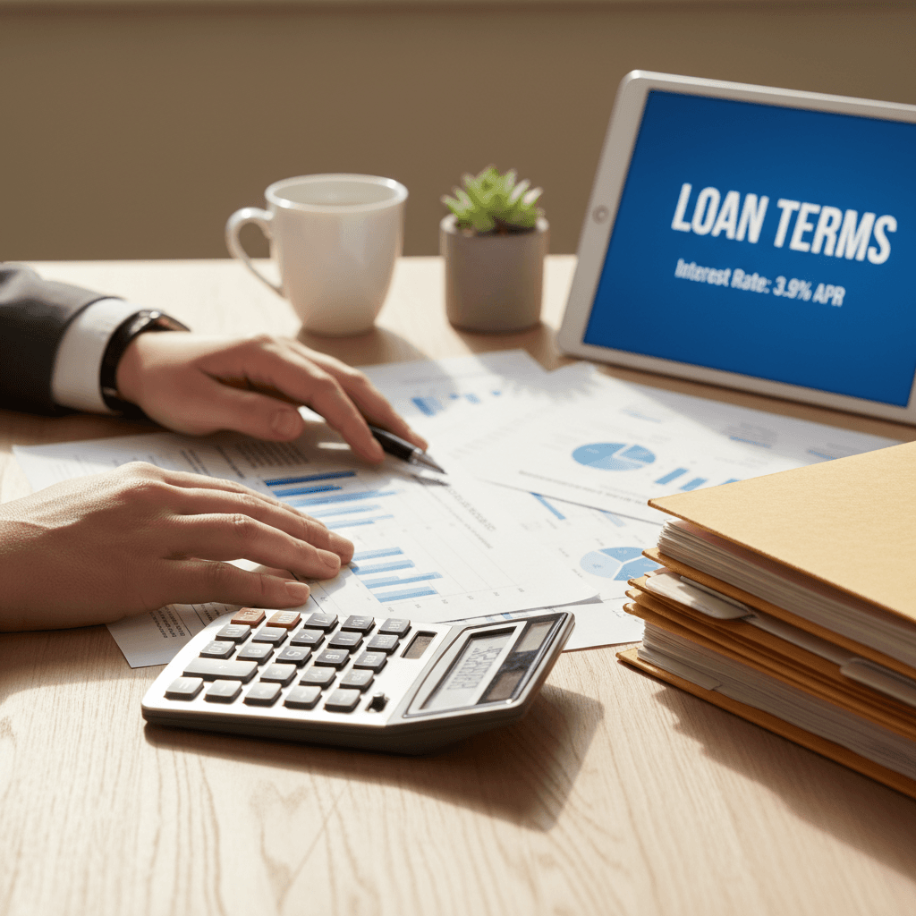Financial advisor reviewing leasing contract documents with calculator
